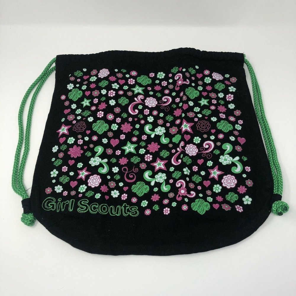 Girl Scouts Drawstring Bag Black Canvas Pink Green Floral Stars Print Washable